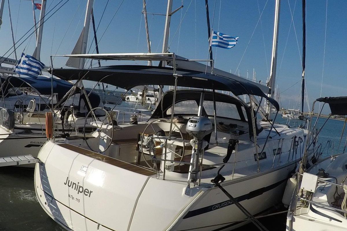 Exterior view of Juniper, a Bavaria 50 Cruiser sailboat at Municipal Unit of Lefkada, Greece