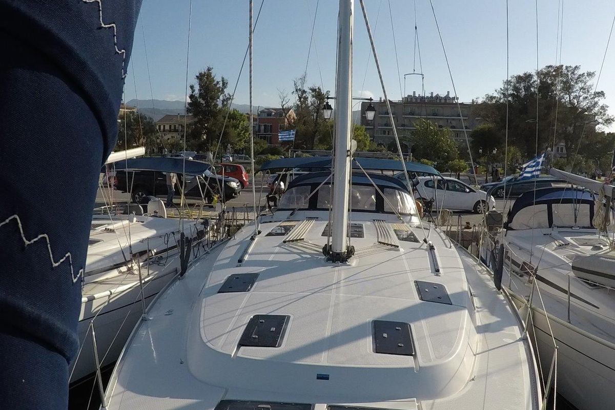Deck of Juniper, a Bavaria 50 Cruiser sailboat at Municipal Unit of Lefkada, Greece