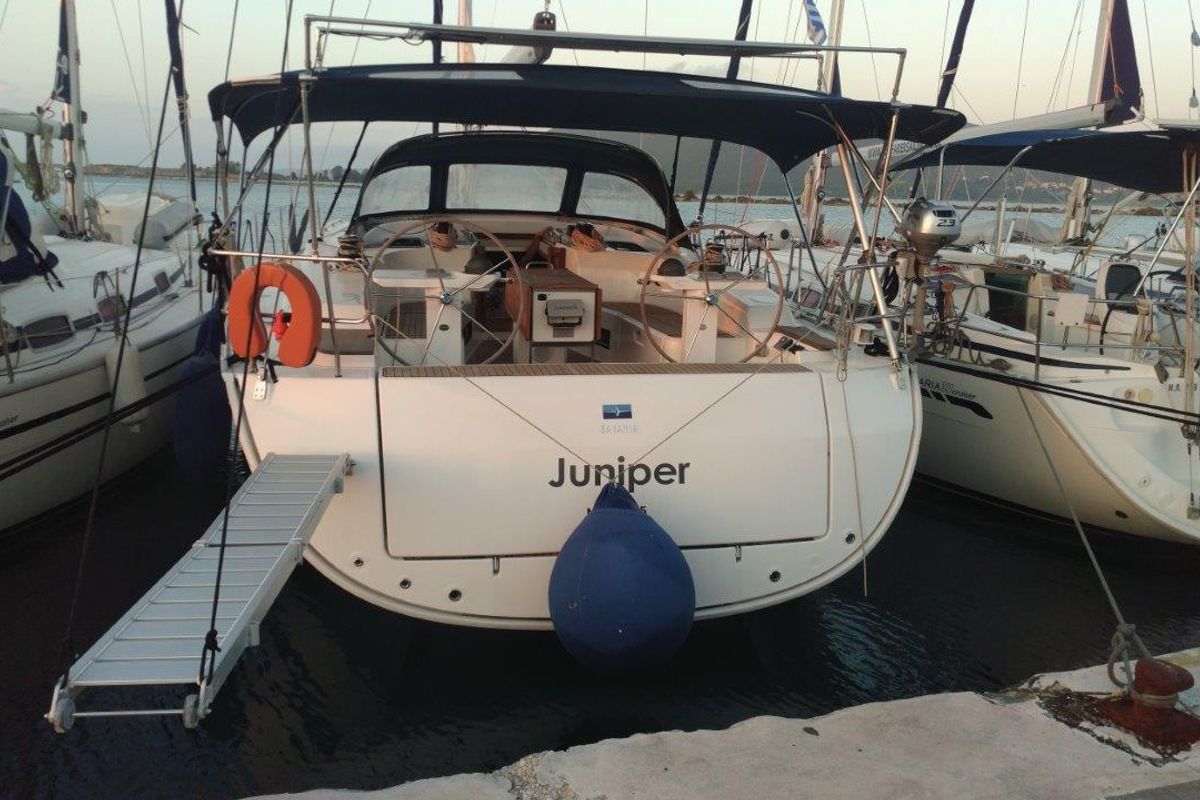 Exterior view of Juniper, a Bavaria 50 Cruiser sailboat at Municipal Unit of Lefkada, Greece