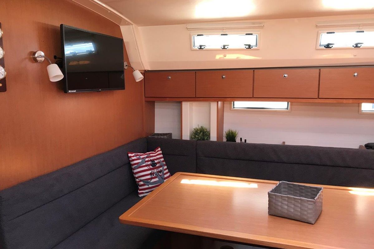 Salon of Juniper, a Bavaria 50 Cruiser sailboat at Municipal Unit of Lefkada, Greece