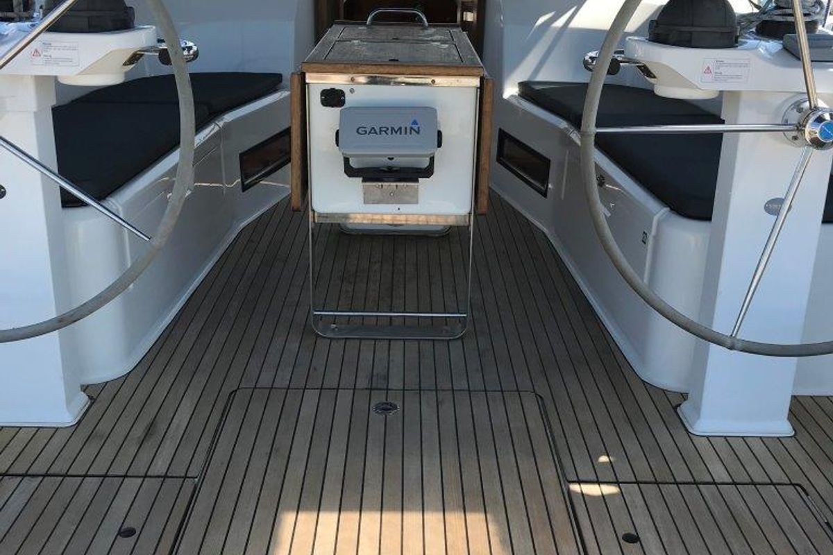 Cockpit of Juniper, a Bavaria 50 Cruiser sailboat at Municipal Unit of Lefkada, Greece