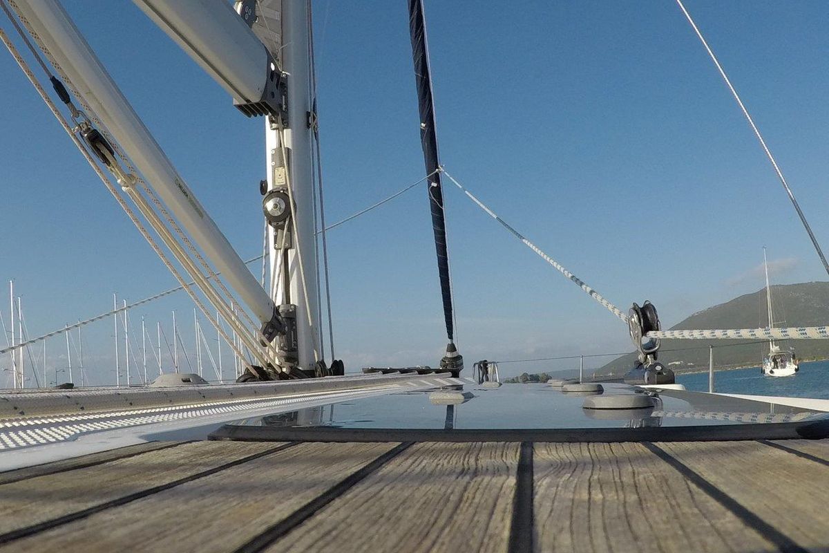 Deck of Juniper, a Bavaria 50 Cruiser sailboat at Municipal Unit of Lefkada, Greece