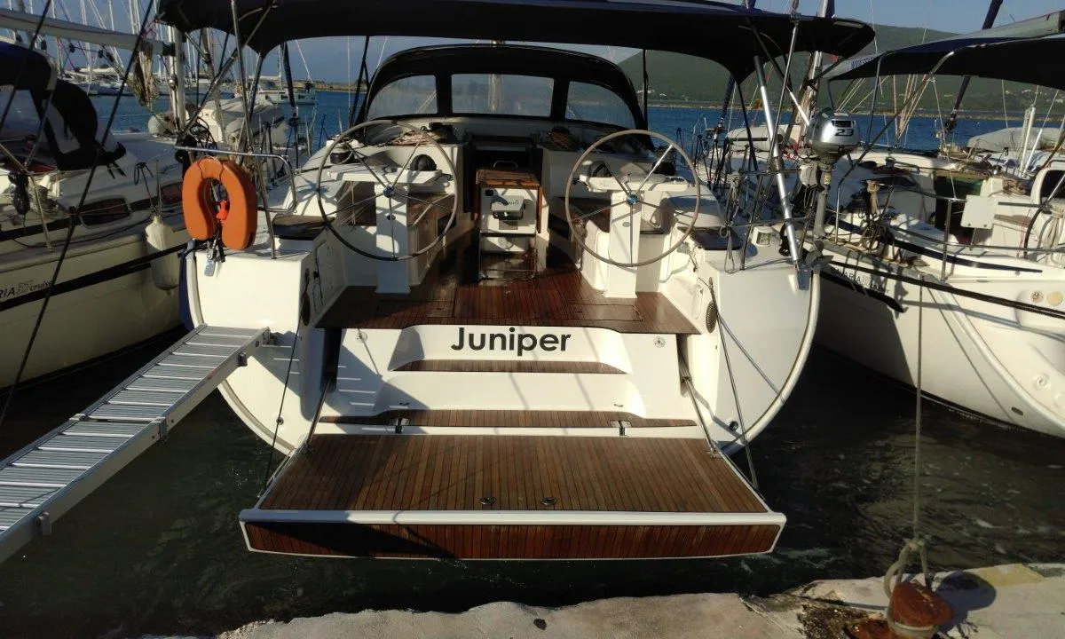 Exterior view of Juniper, a Bavaria 50 Cruiser sailboat at Municipal Unit of Lefkada, Greece