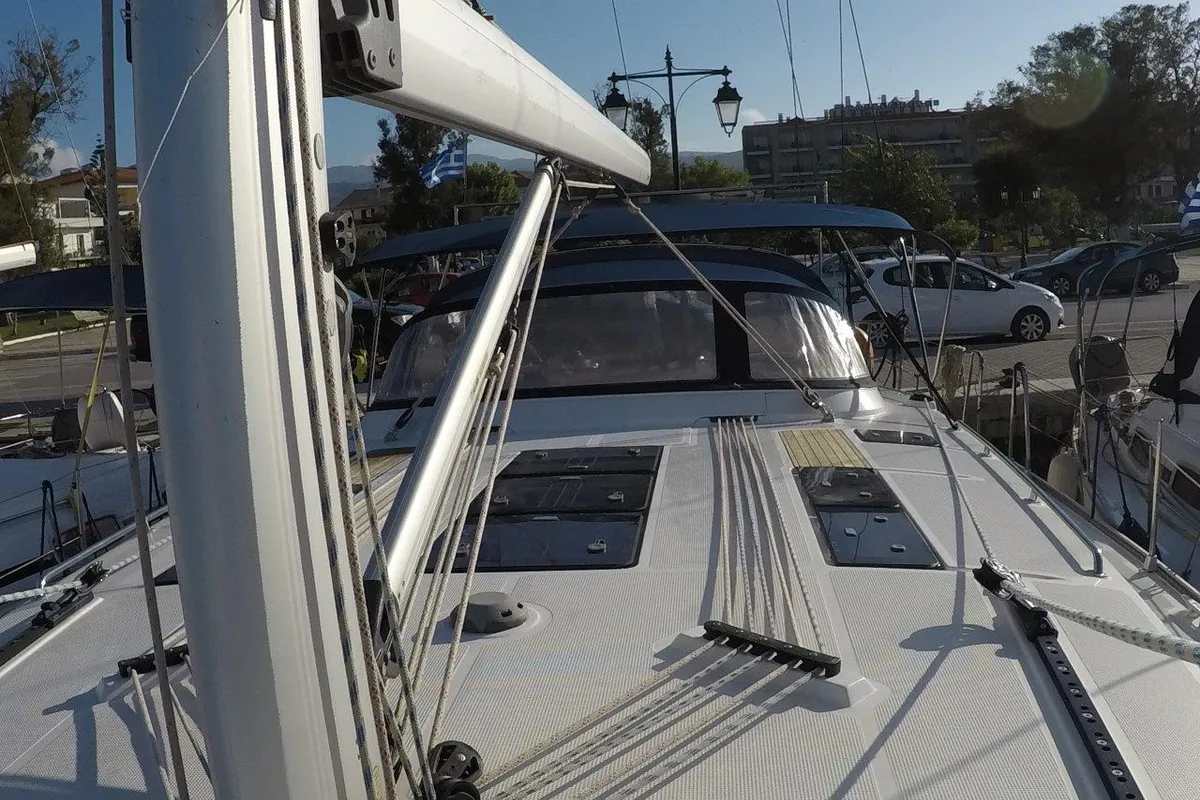 Deck of Juniper, a Bavaria 50 Cruiser sailboat at Municipal Unit of Lefkada, Greece