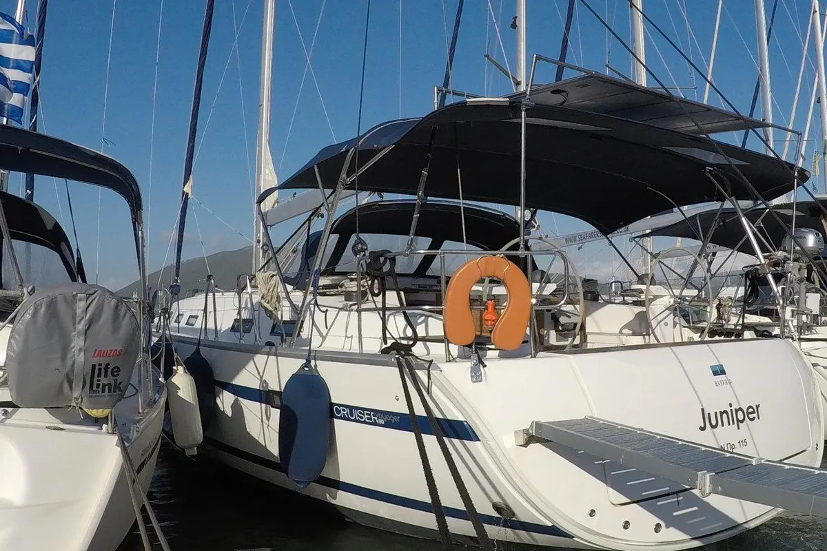 Exterior view of Juniper, a Bavaria 50 Cruiser sailboat at Municipal Unit of Lefkada, Greece