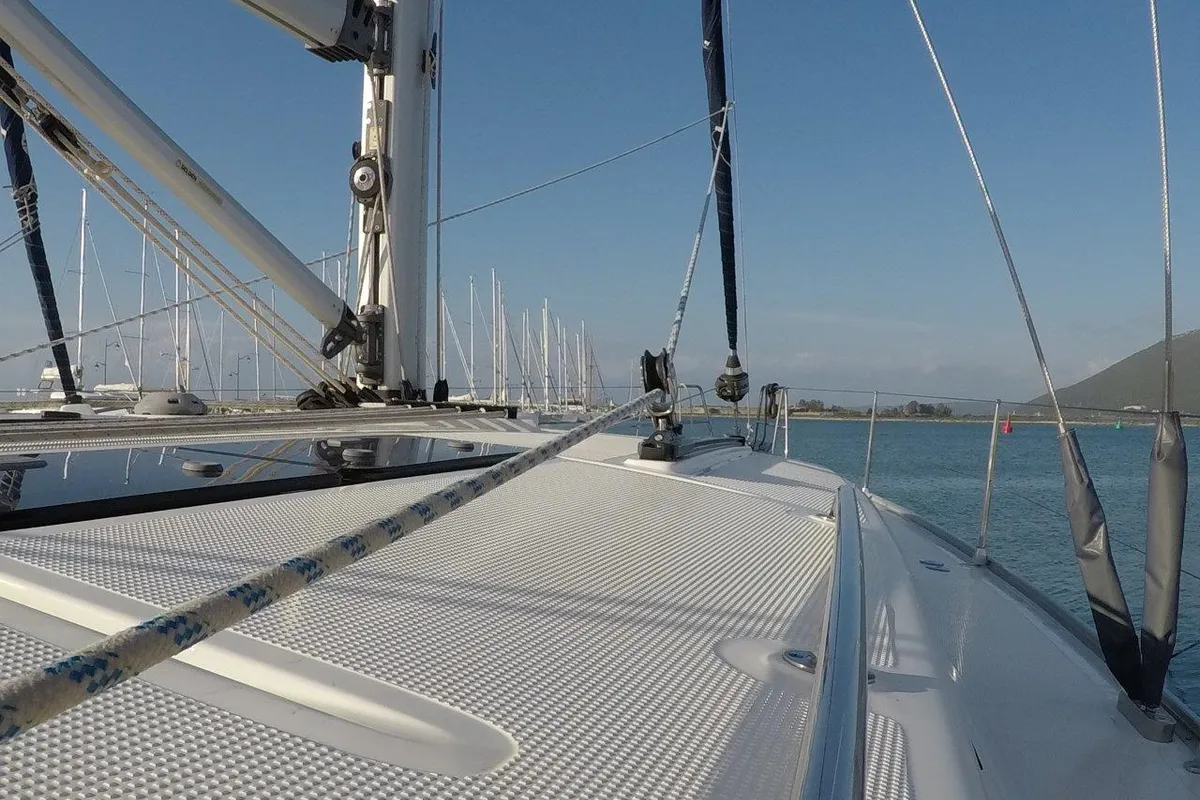 Deck of Juniper, a Bavaria 50 Cruiser sailboat at Municipal Unit of Lefkada, Greece