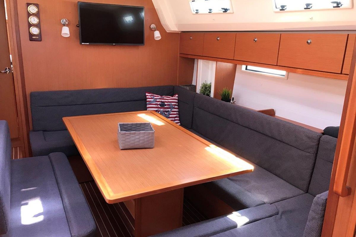 Salon of Juniper, a Bavaria 50 Cruiser sailboat at Municipal Unit of Lefkada, Greece