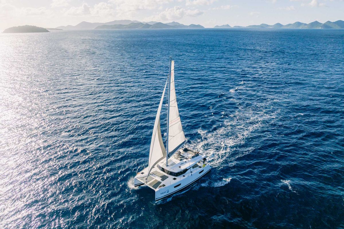 Exterior view of Gelos, a Fountaine Pajot Elba 45 catamaran at Road Town, British Virgin Islands
