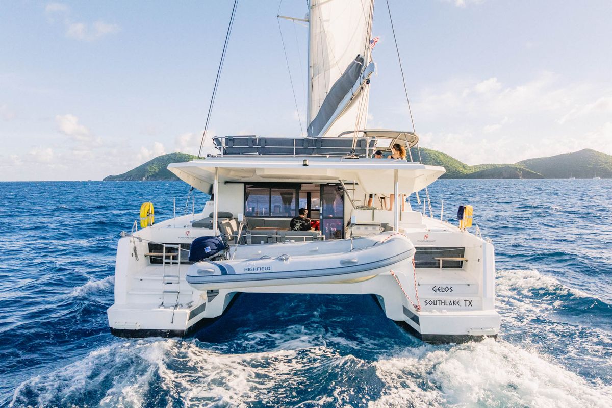 Exterior view of Gelos, a Fountaine Pajot Elba 45 catamaran at Road Town, British Virgin Islands