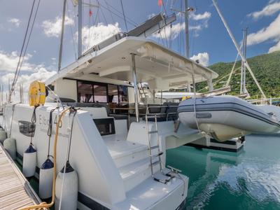 Deck of Gelos, a Fountaine Pajot Elba 45 catamaran at Road Town, British Virgin Islands