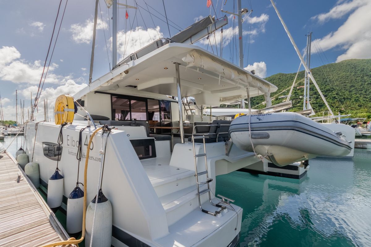 Deck of Gelos, a Fountaine Pajot Elba 45 catamaran at Road Town, British Virgin Islands