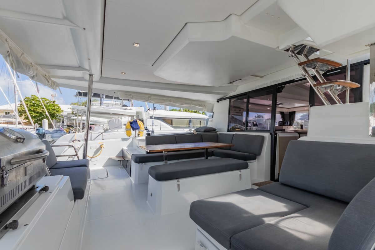Deck of Gelos, a Fountaine Pajot Elba 45 catamaran at Road Town, British Virgin Islands