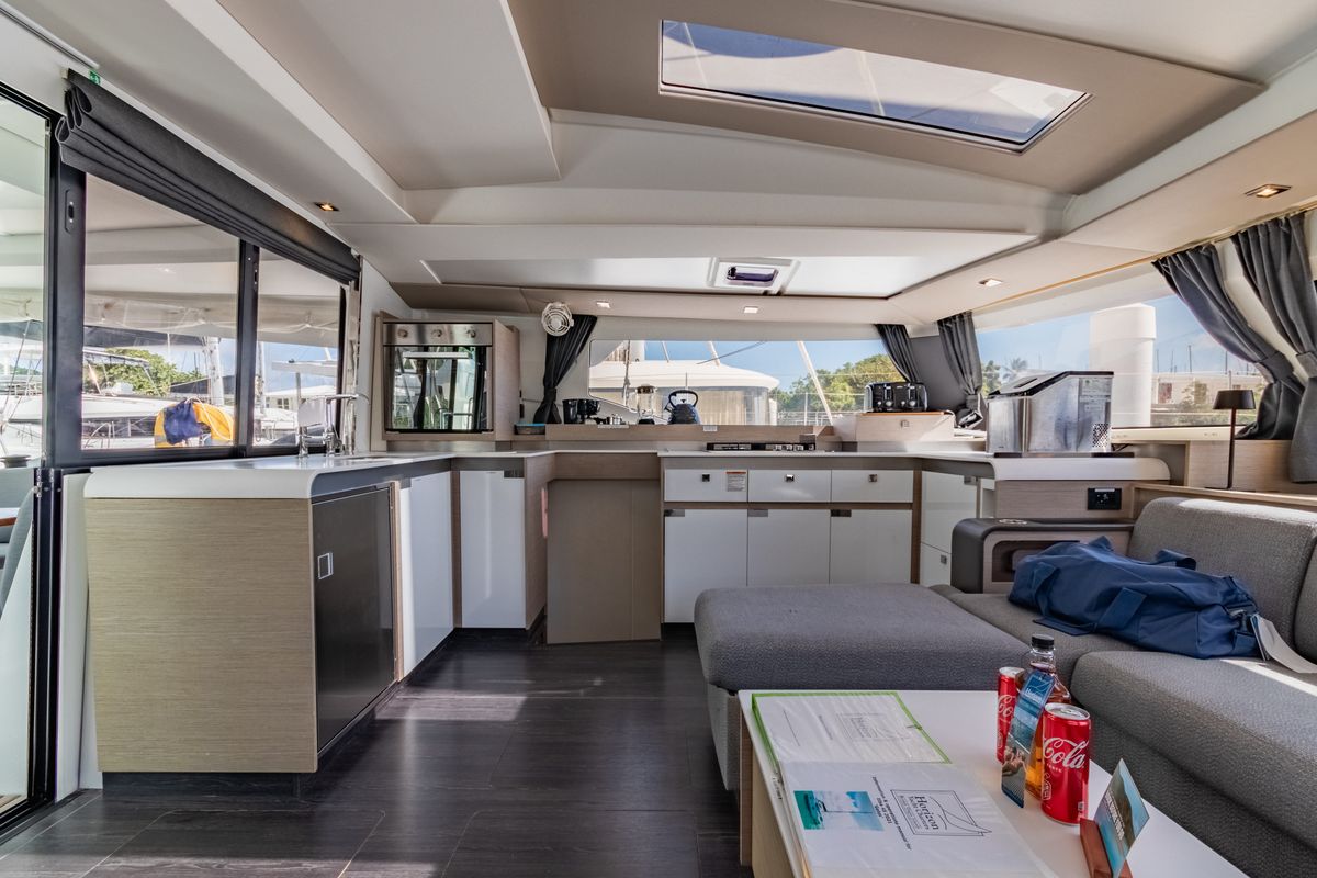 Salon of Gelos, a Fountaine Pajot Elba 45 catamaran at Road Town, British Virgin Islands
