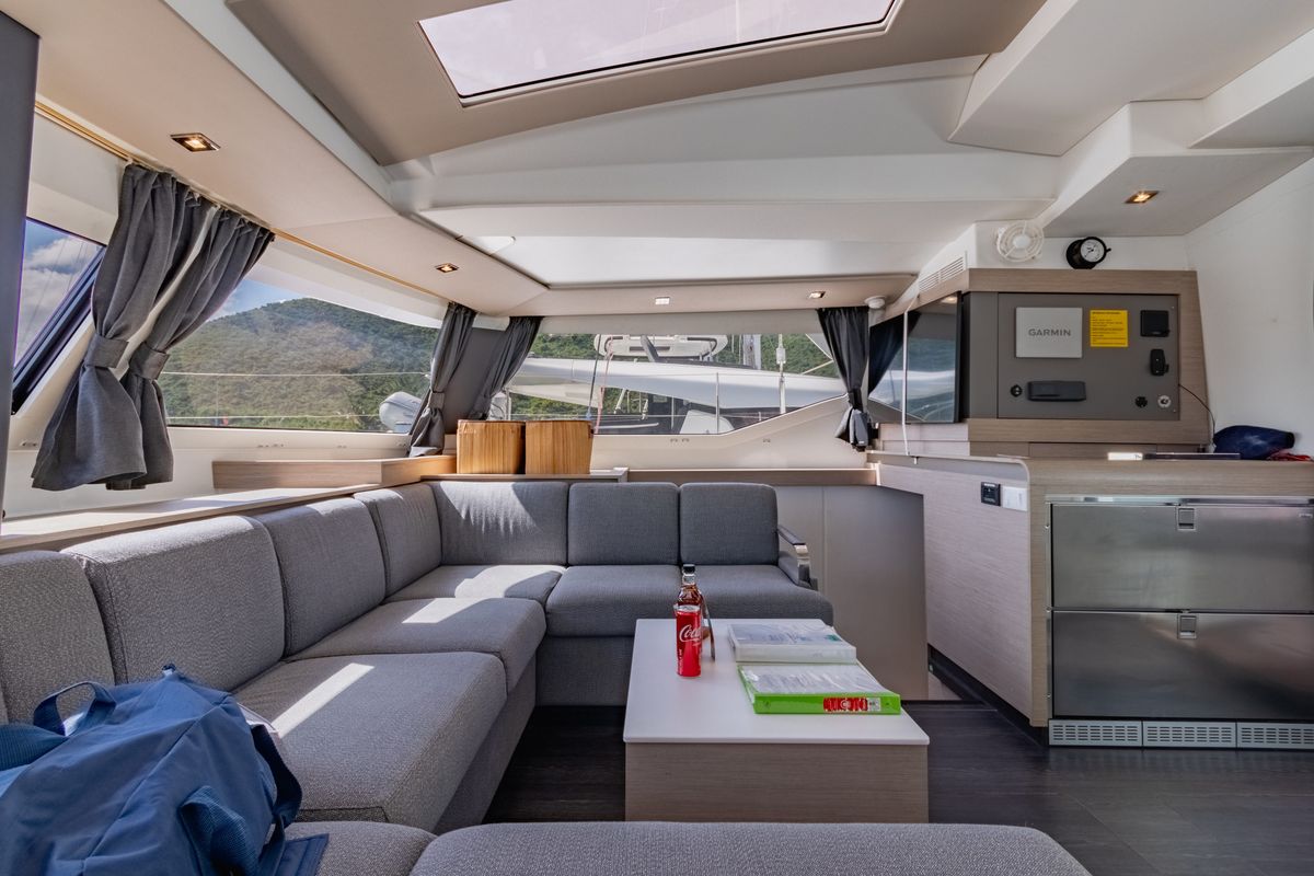 Salon of Gelos, a Fountaine Pajot Elba 45 catamaran at Road Town, British Virgin Islands