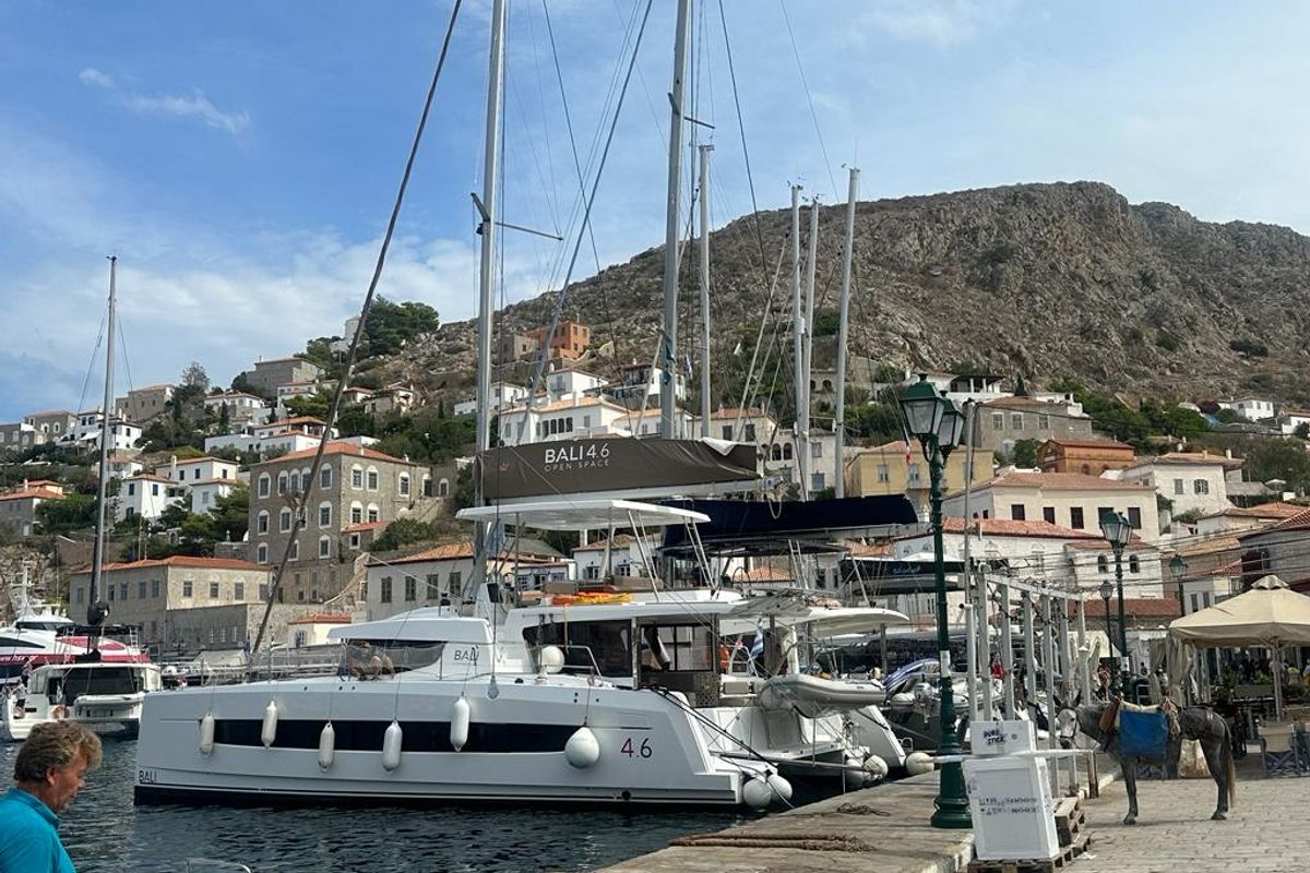 Exterior view of Star Velvet (A/C, Generator, Water Maker, dishwasher), a Bali 4.6 catamaran at Athens, Greece