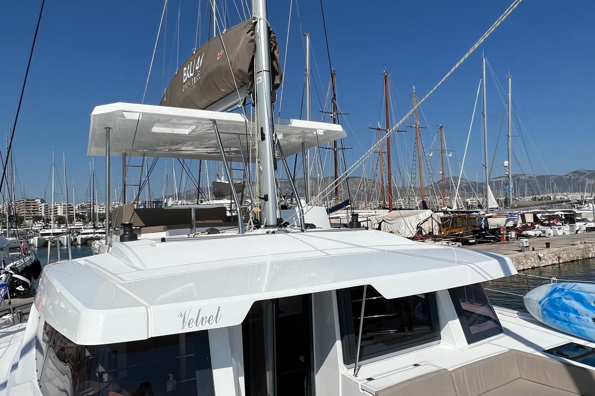 Deck of Star Velvet (A/C, Generator, Water Maker, dishwasher), a Bali 4.6 catamaran at Athens, Greece