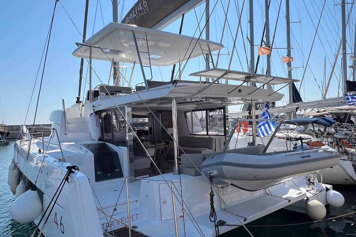 Exterior view of Star Velvet (A/C, Generator, Water Maker, dishwasher), a Bali 4.6 catamaran at Athens, Greece