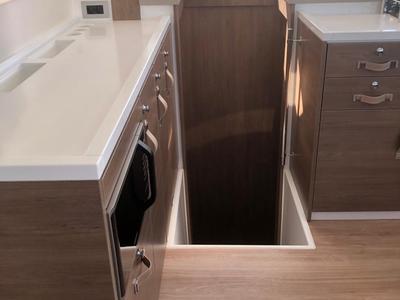 Galley of KEEP CALM, a Bali 4.4 catamaran at Capo d'Orlando, Italy