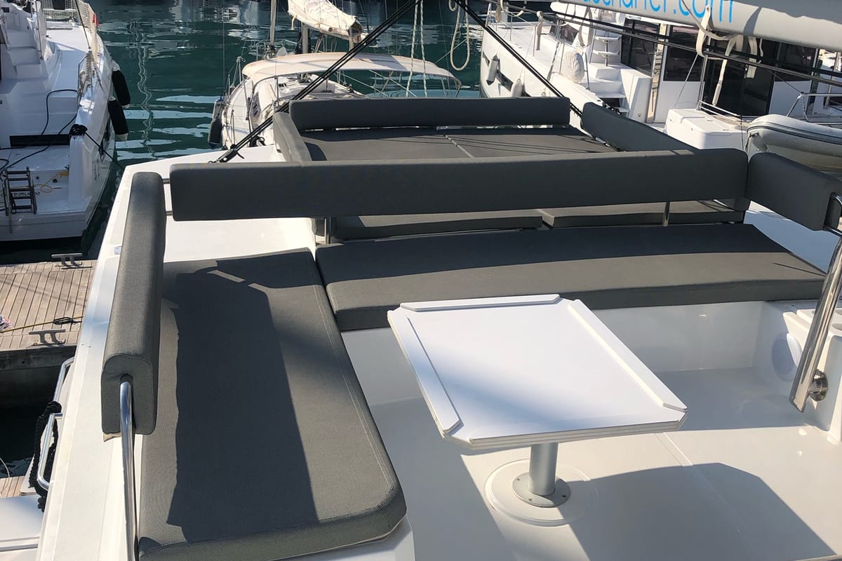 Deck of KEEP CALM, a Bali 4.4 catamaran at Capo d'Orlando, Italy
