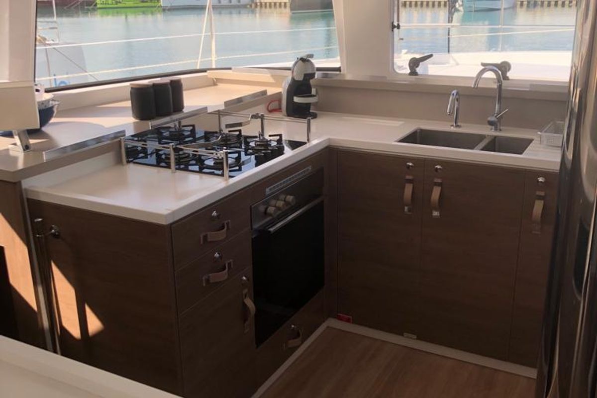 Galley of KEEP CALM, a Bali 4.4 catamaran at Capo d'Orlando, Italy