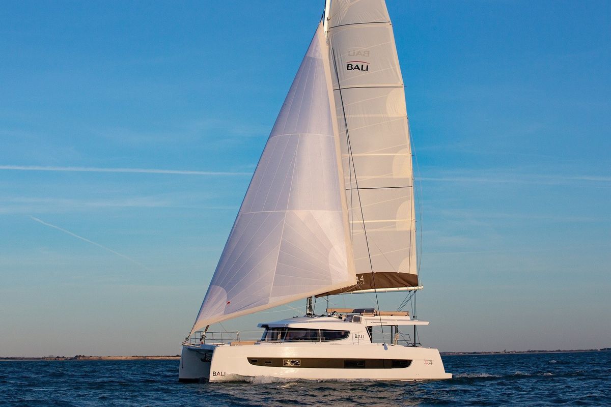 Exterior view of KEEP CALM, a Bali 4.4 catamaran at Capo d'Orlando, Italy