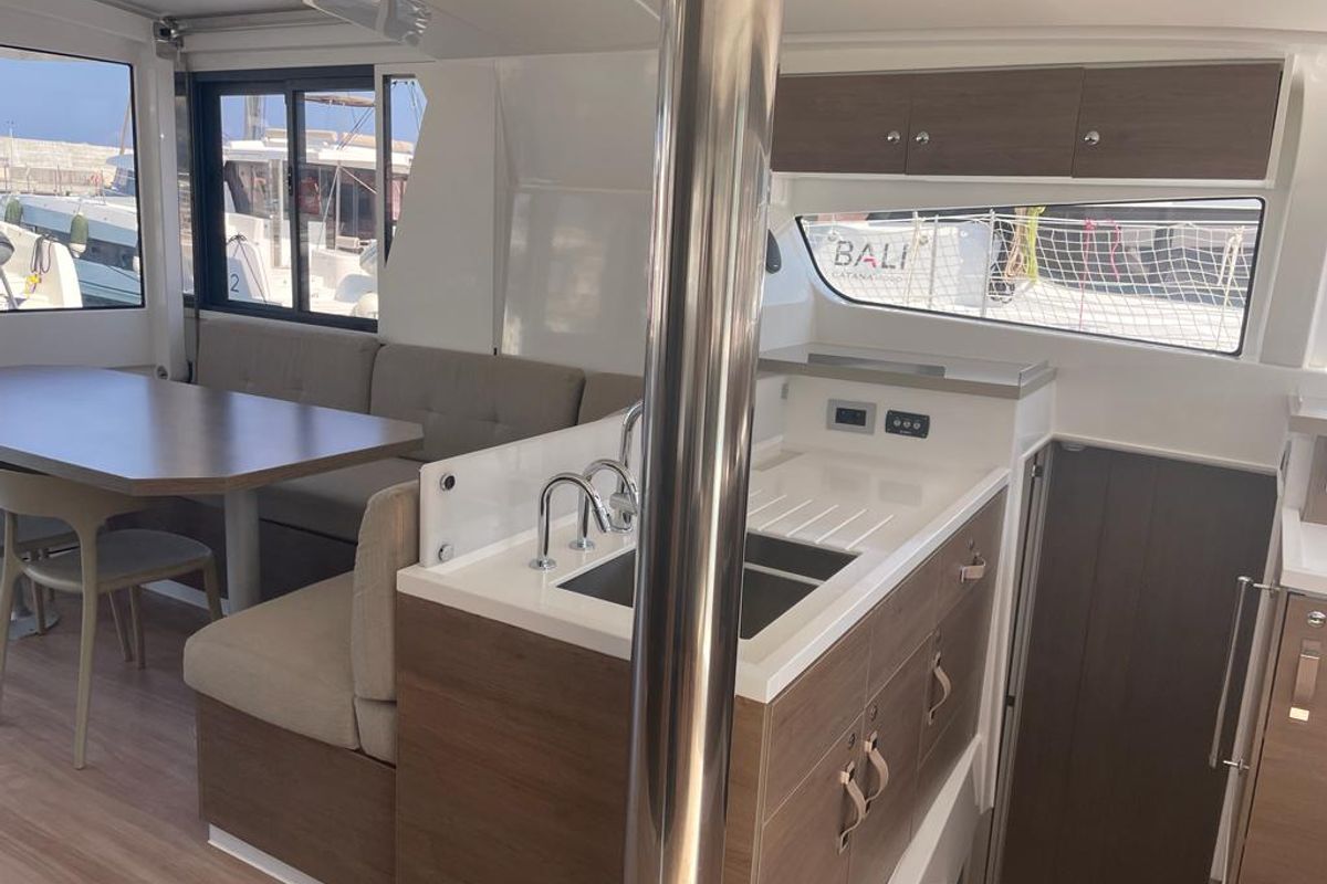 Salon of KEEP CALM, a Bali 4.4 catamaran at Capo d'Orlando, Italy