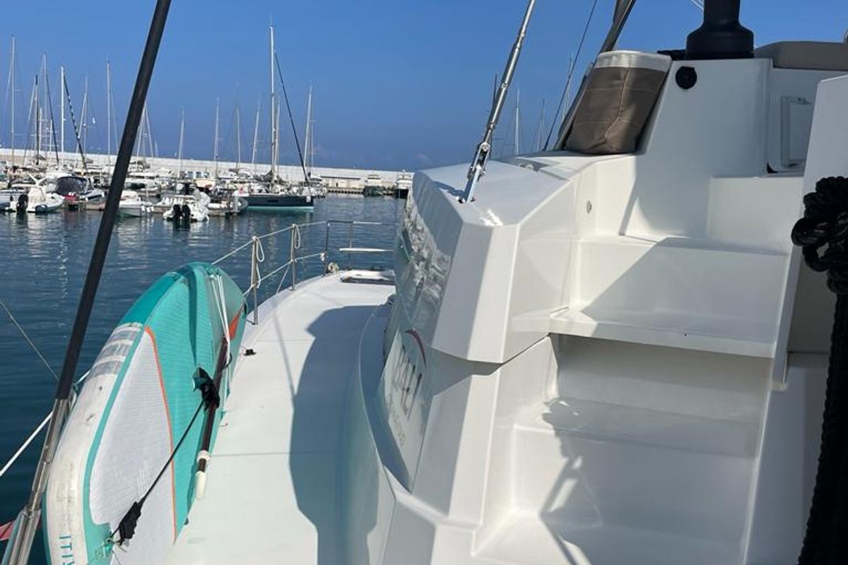 Exterior view of KEEP CALM, a Bali 4.4 catamaran at Capo d'Orlando, Italy