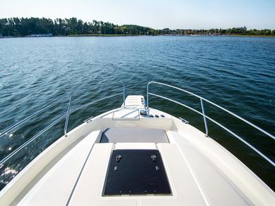 Deck of Balt 918 - 2 cab. SAUNA, a Balt 918 Titanium motorboat at Wilkasy, Poland