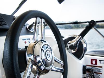 Cockpit of Balt 918 - 2 cab. SAUNA, a Balt 918 Titanium motorboat at Wilkasy, Poland