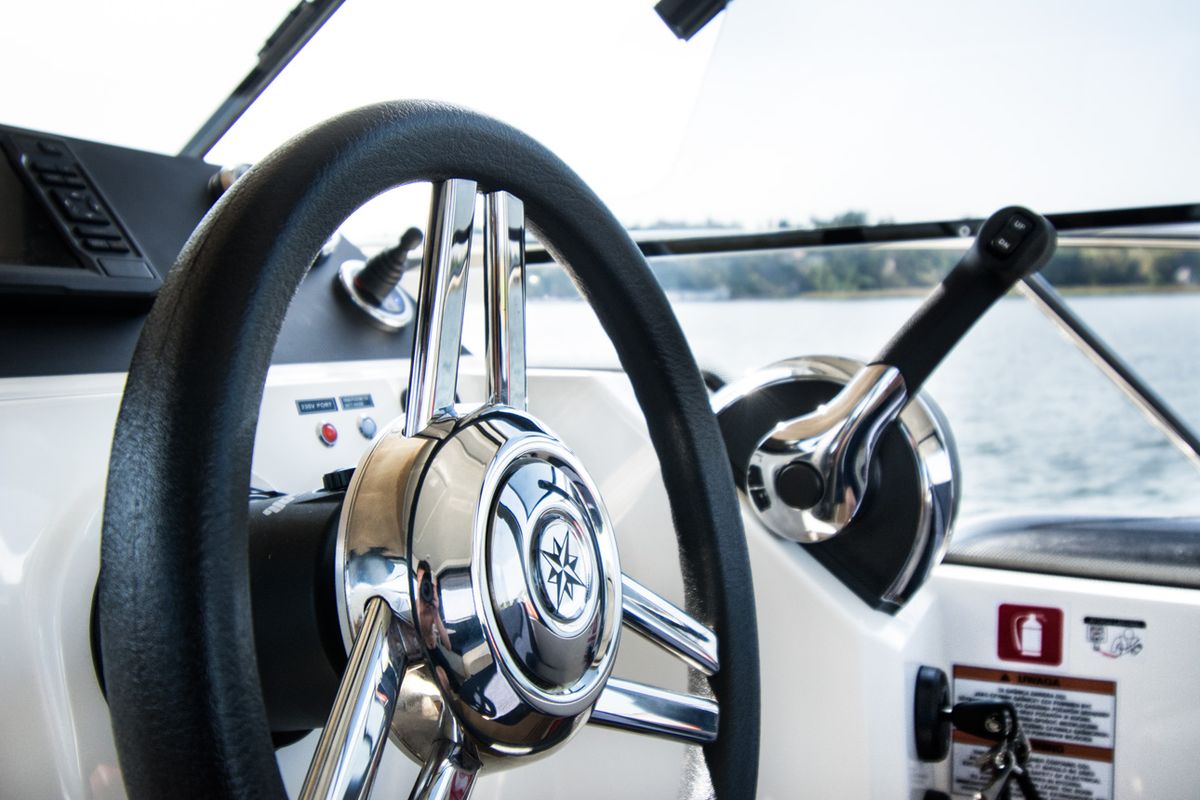 Cockpit of Balt 918 - 2 cab. SAUNA, a Balt 918 Titanium motorboat at Wilkasy, Poland