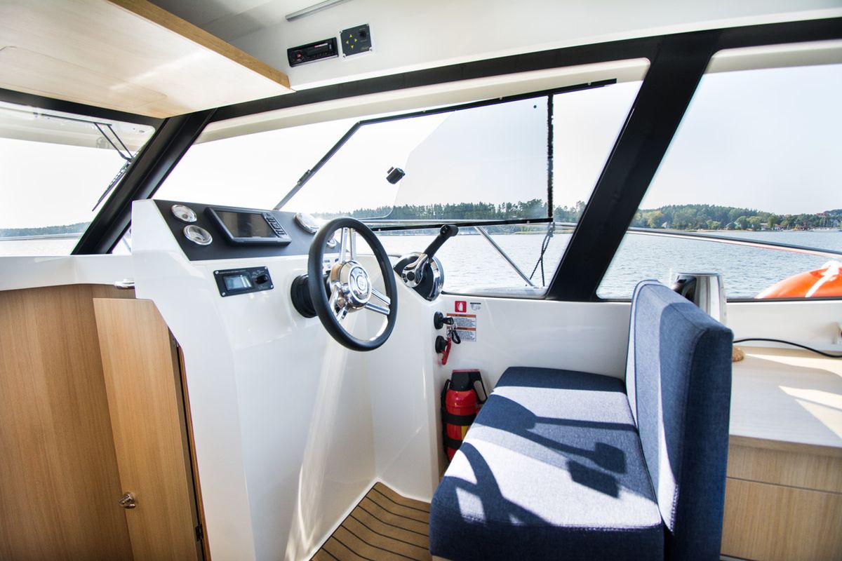 Cockpit of Balt 918 - 2 cab. SAUNA, a Balt 918 Titanium motorboat at Wilkasy, Poland