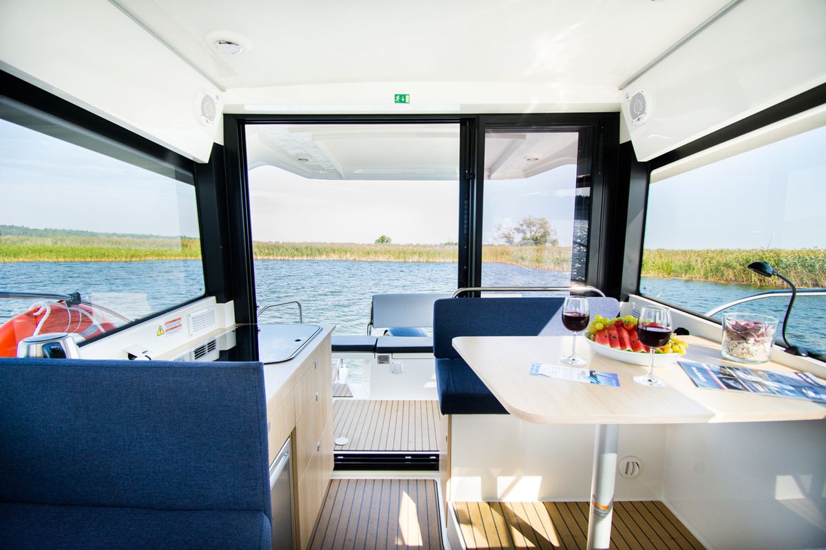 Salon of Balt 918 - 2 cab. SAUNA, a Balt 918 Titanium motorboat at Wilkasy, Poland
