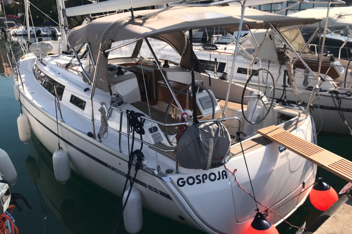 Exterior view of Gospoja, a Bavaria Cruiser 37 sailboat at Zadar, Croatia
