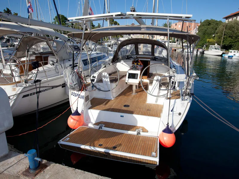 Exterior view of Gospoja, a Bavaria Cruiser 37 sailboat at Zadar, Croatia