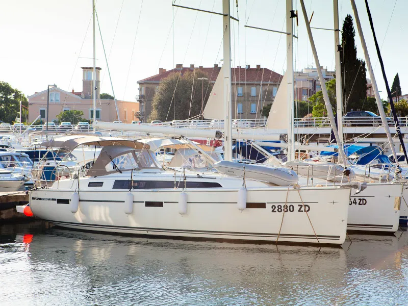 Exterior view of Gospoja, a Bavaria Cruiser 37 sailboat at Zadar, Croatia