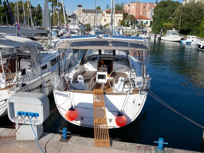 Exterior view of Gospoja, a Bavaria Cruiser 37 sailboat at Zadar, Croatia