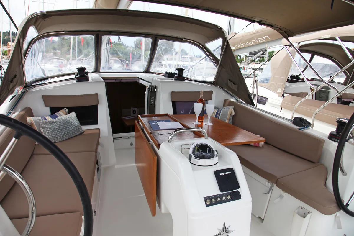 Cockpit of Konstantinos, a Jeanneau Sun Odyssey 410 sailboat at Preveza, Greece