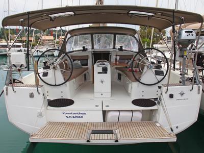 Cockpit of Konstantinos, a Jeanneau Sun Odyssey 410 sailboat at Preveza, Greece