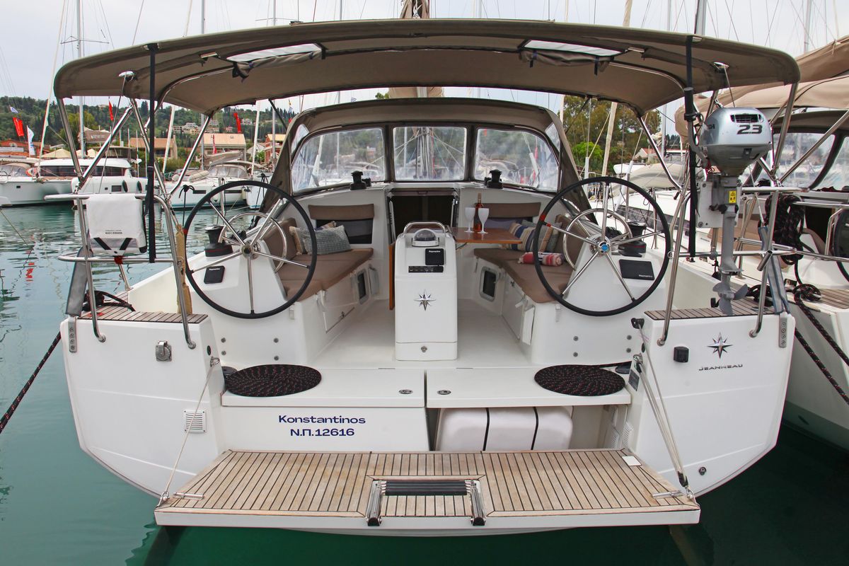 Cockpit of Konstantinos, a Jeanneau Sun Odyssey 410 sailboat at Preveza, Greece