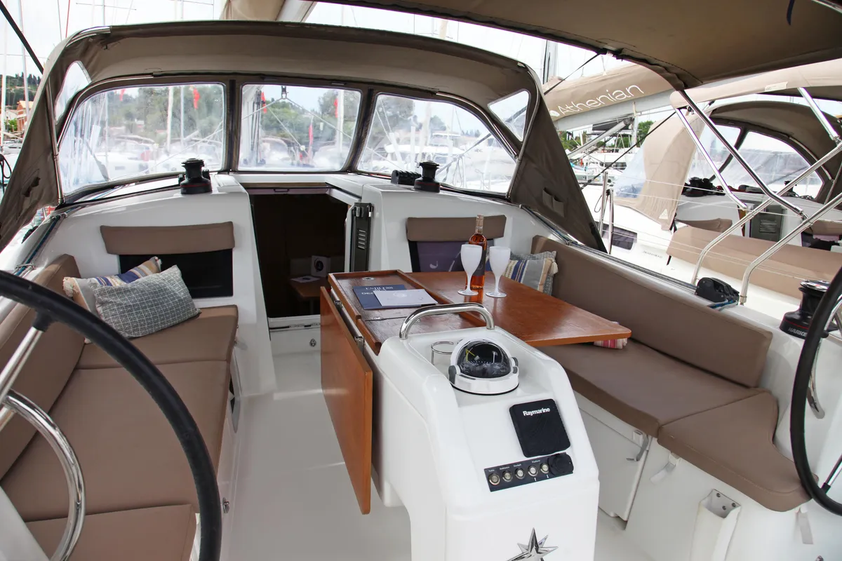 Cockpit of Konstantinos, a Jeanneau Sun Odyssey 410 sailboat at Preveza, Greece