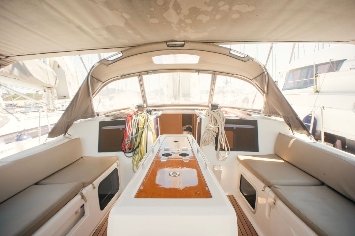 Cockpit of Nora, a Dufour 460 Grand Large sailboat at Olbia, Italy