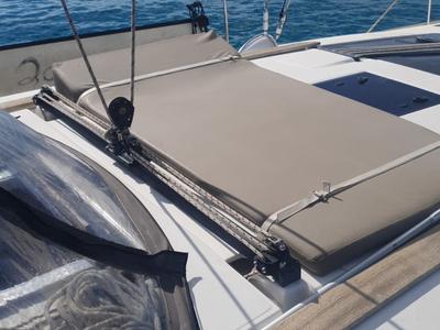 Deck of Nora, a Dufour 460 Grand Large sailboat at Olbia, Italy