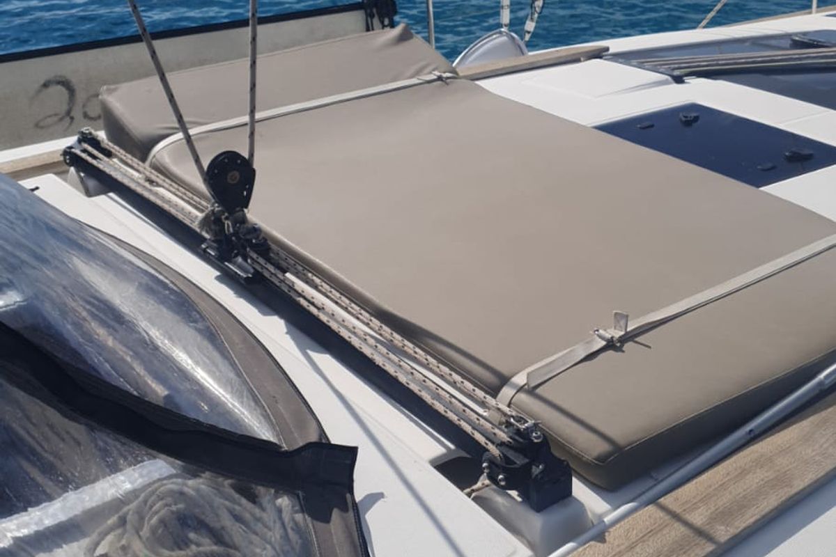 Deck of Nora, a Dufour 460 Grand Large sailboat at Olbia, Italy