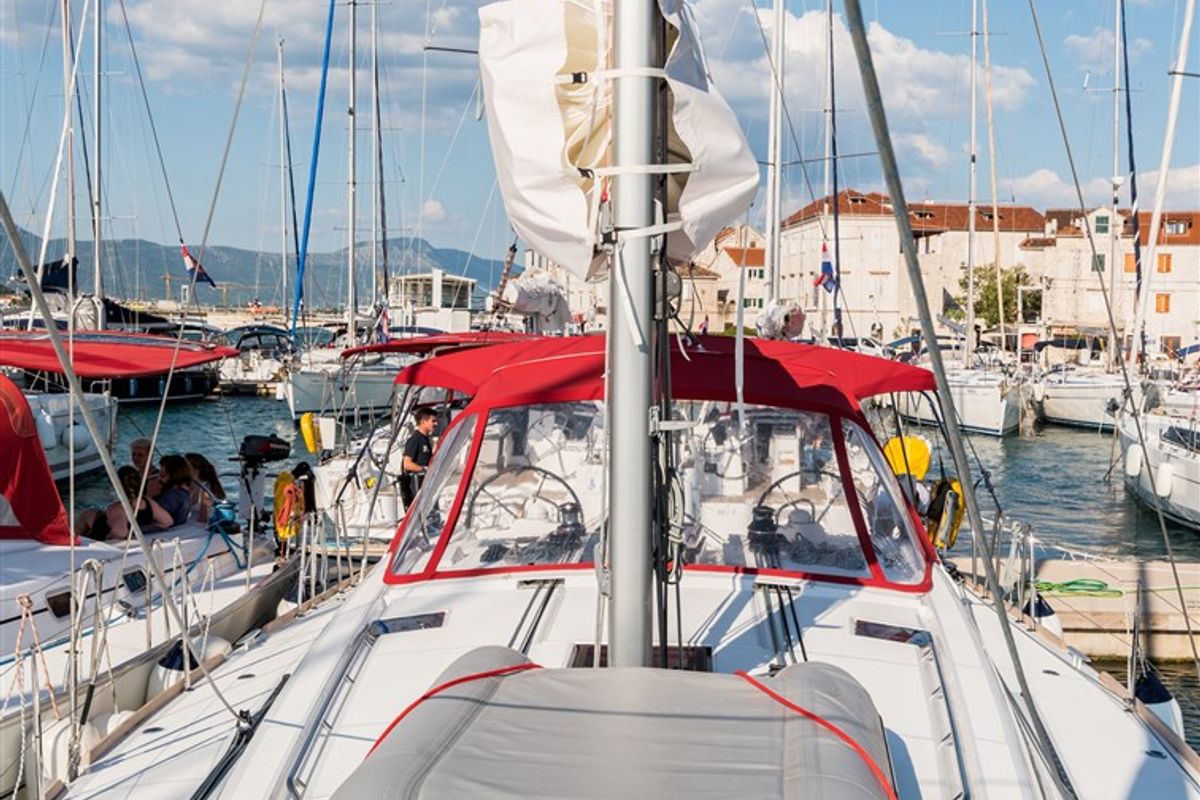 Deck of Flou, a Beneteau Oceanis 48 sailboat at Split, Croatia