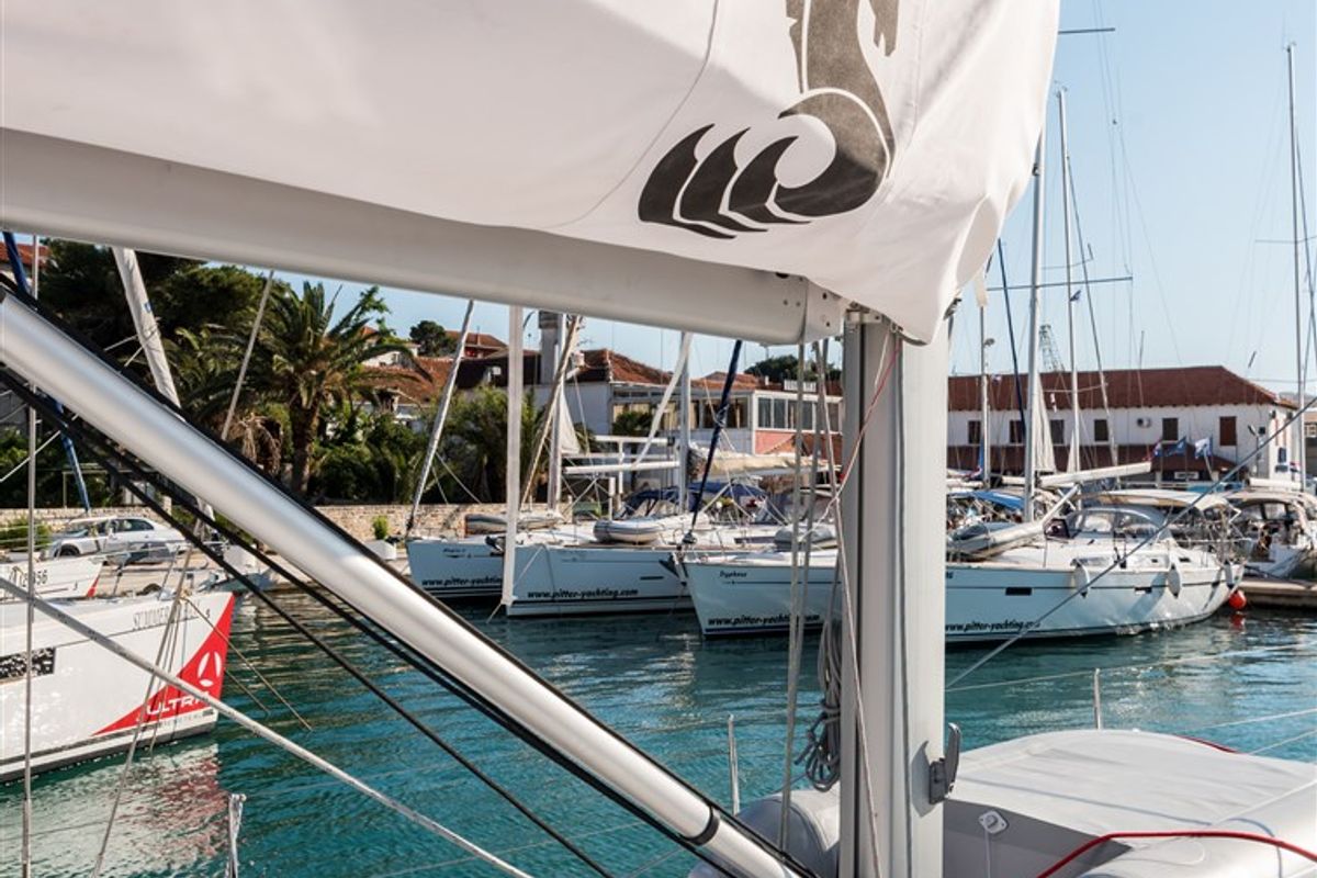 Deck of Flou, a Beneteau Oceanis 48 sailboat at Split, Croatia