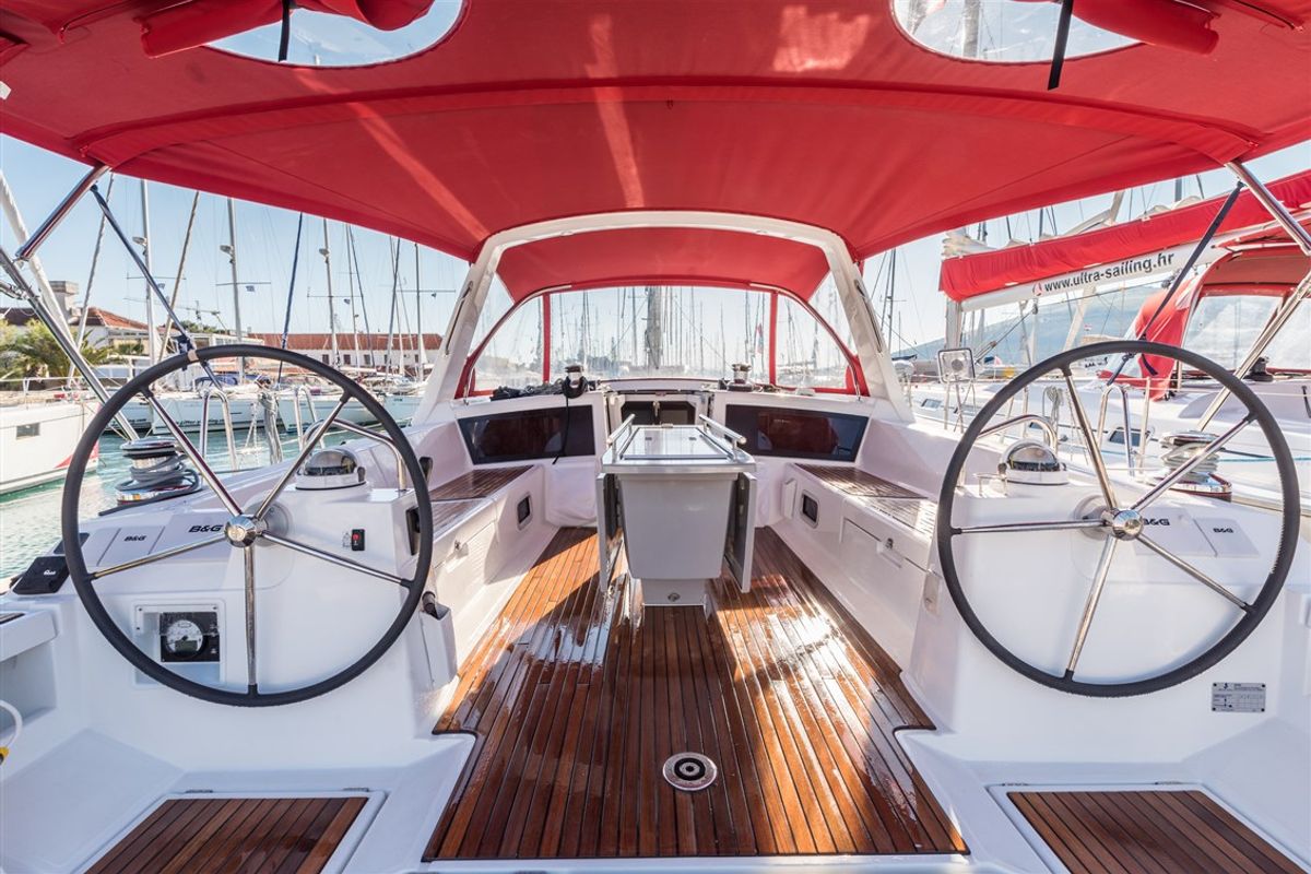 Cockpit of Flou, a Beneteau Oceanis 48 sailboat at Split, Croatia