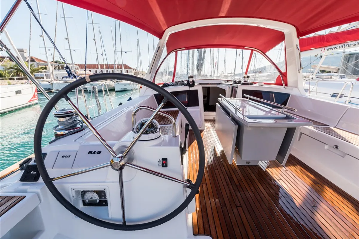 Cockpit of Flou, a Beneteau Oceanis 48 sailboat at Split, Croatia