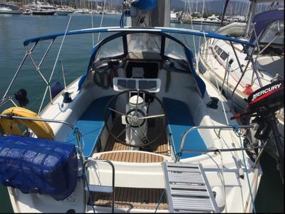Cockpit of Iason, a Jeanneau Sun Odyssey 32 sailboat at Kontokali, Greece