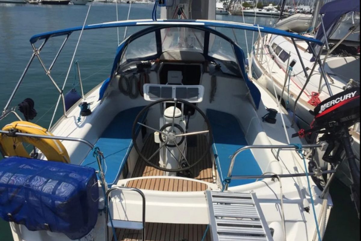 Cockpit of Iason, a Jeanneau Sun Odyssey 32 sailboat at Kontokali, Greece