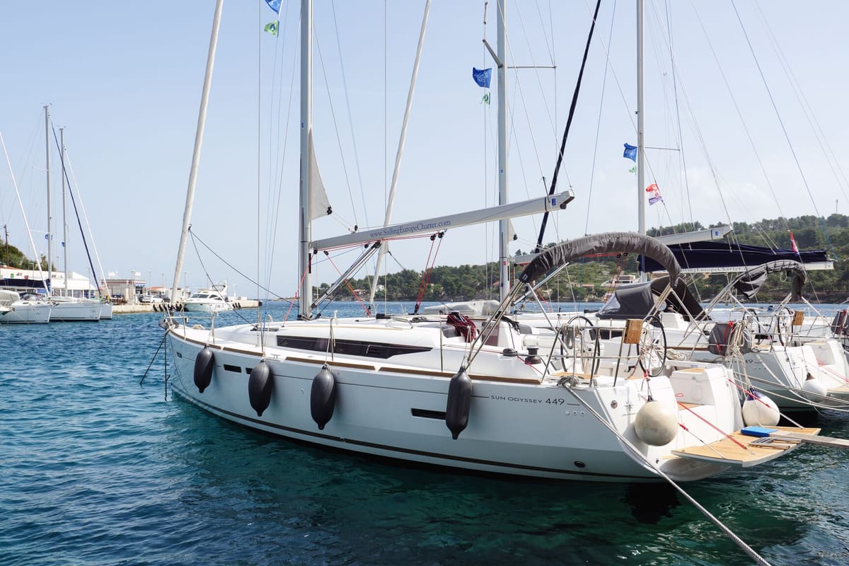 Exterior view of Tortuga, a Jeanneau Sun Odyssey 449 sailboat at Rogač, Croatia